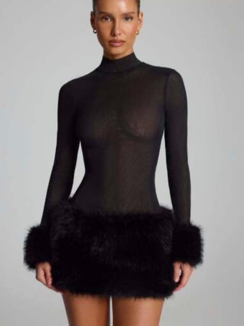 NWT Oh Polly Black Sheer Faux Fur Mini Dress